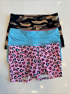 Kids Dance/Active Shorts 3 piece set—Pink Leopard, Solid Blue & Black/Gold Camo